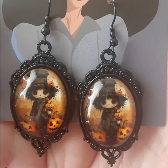 Scarecrow Boy Cameo~ Pumpkin Jack-o’-lantern Fall Autumn Halloween Gothic Dangle - Picture 5 of 6